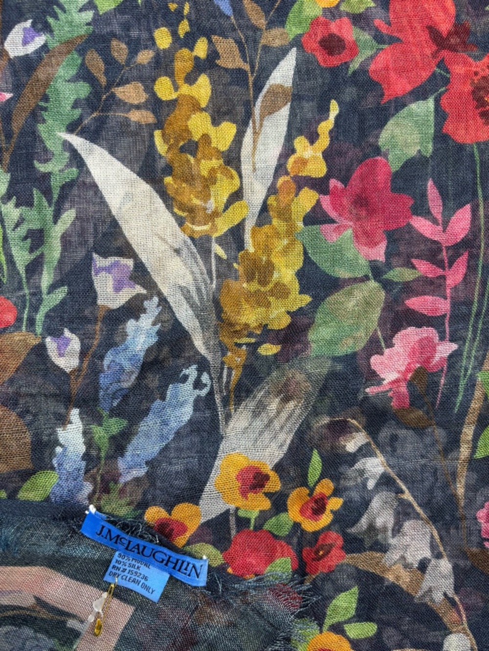 J.McLaughlin Giselle Navy/Multi Watercolor Petals Border Silk Blend Scarf